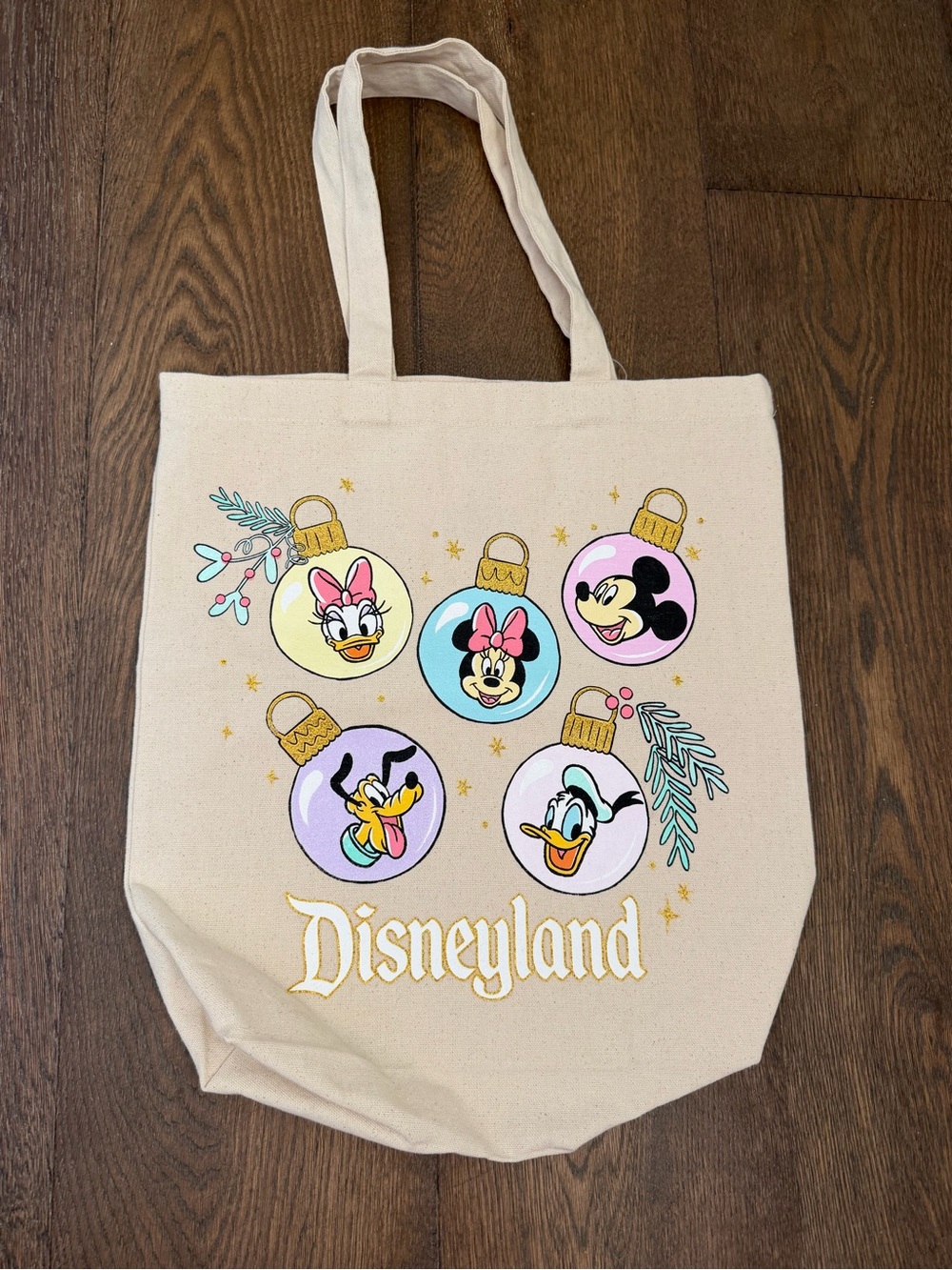 Disneyland Disney Parks Beige Canvas Tote with Festive Character Ornaments